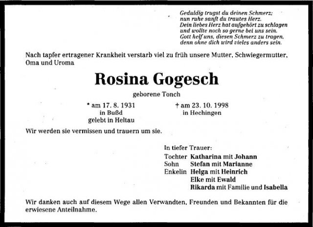 Tonch Rosina 1931-1998 Todesanzeige